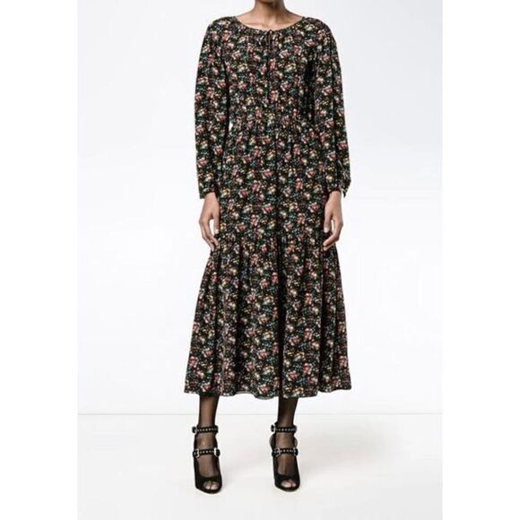 Saint Laurent Bouquet-Print Peasant Midi Dress, Black Pattern Women’s Sz Small S - Picture 14 of 16
